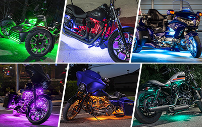 Collage of motorcycles, trikes and three-wheelers fitted with LED accent lighting